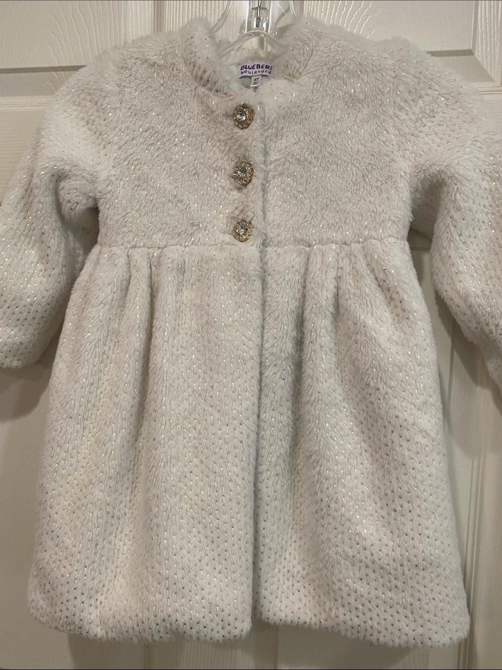 Blueberi Boulevard Creamy White Sparkle Girls Coat with Gold Buttons size 4T
